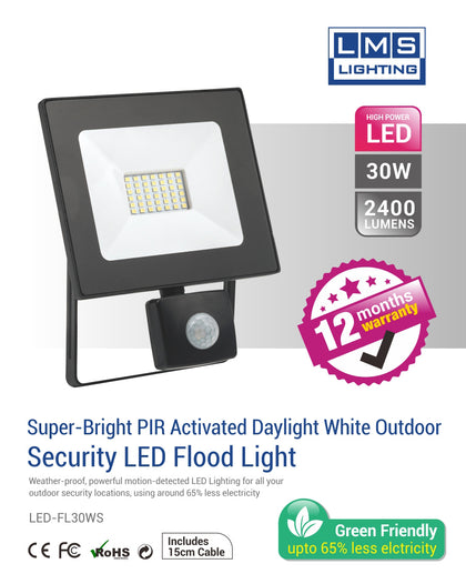 30W LED Flood Light with Sensor - 2400LM / Lumens (IP44) 2835 - Netbit UK