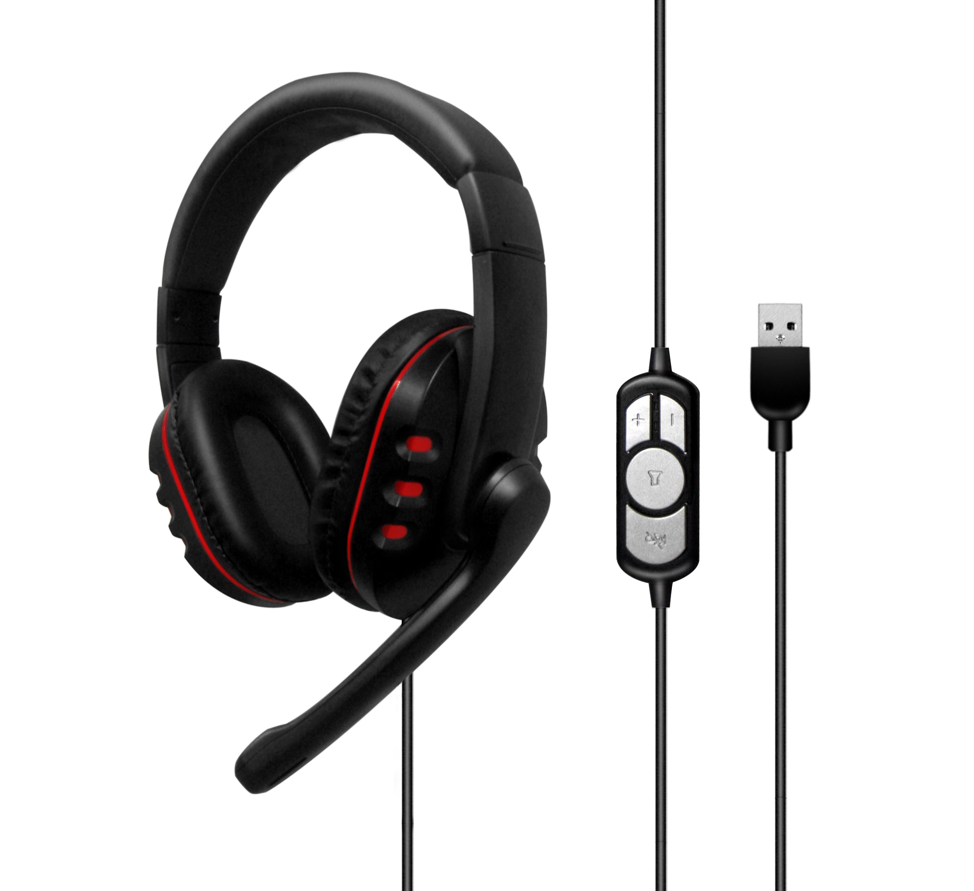 Red & Black Stereo Headphones with Microphone & Inline Volume control, USB 2m - Full Ear - Netbit UK