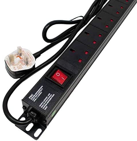 Close-up view of a 1U 19" 10 Way Switched Vertical 13A UK Sockets to UK Plug Rack PDU.