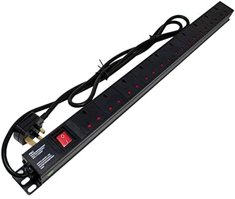 Full-length view of a 1U 19" 10 Way Switched Vertical 13A UK Sockets to UK Plug Rack PDU showing its tied-up power cord.