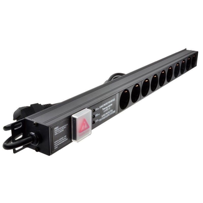 Full length slanting front view of a 1U 19" 10 Way Vertical Switched 16A Schuko Sockets to Schuko Plug Rack PDU with Surge Protection.