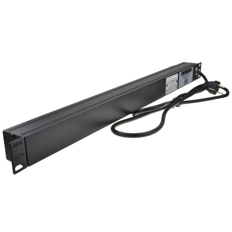 Full length slanting rear view of a 1U 19" 10 Way Vertical Switched 16A Schuko Sockets to Schuko Plug Rack PDU with Surge Protection.