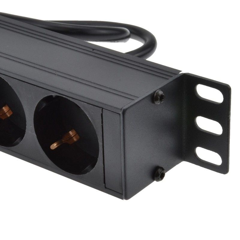 Close-up view of a Schuko socket and the right mounting bracket of a 1U 19" 10 Way Vertical Switched 16A Schuko Sockets to Schuko Plug rack PDU with Surge Protection.