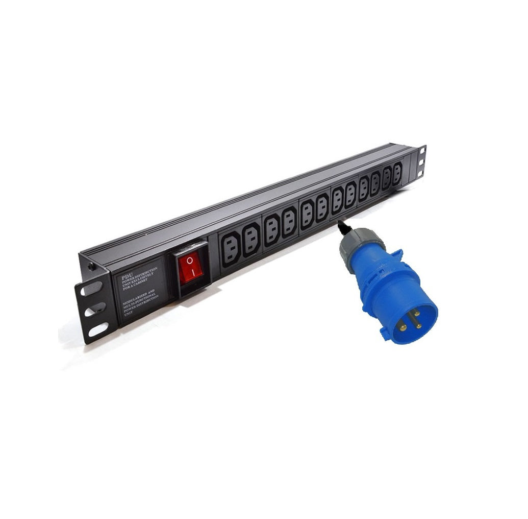 1U 19" 12 Way Horizontal Switched 10A IEC13 to 16AMP Commando Plug PDU (Rackmount) - Netbit UK