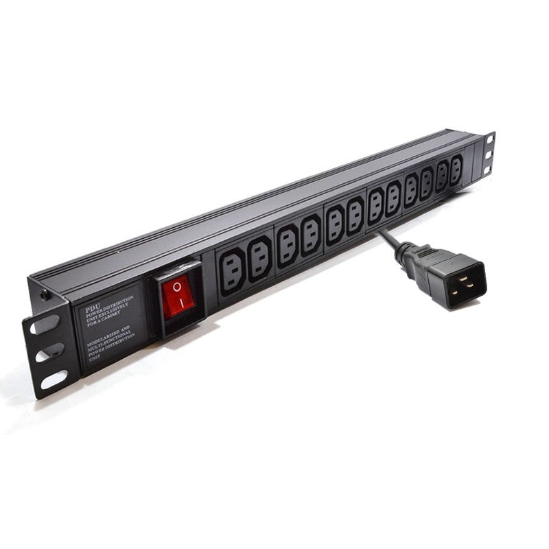 Full length slanting front view of a 1U 19" 12-Way Horizontal Switched 10A IEC13 Socket to IEC20 Plug Rack PDU.
