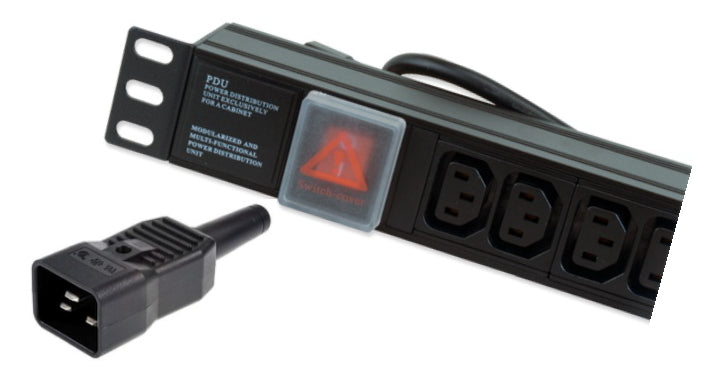 Partial left part front view of a 1U 19" 12-Way Horizontal Switched 10A IEC13 Socket to IEC20 Plug Rack PDU showing its left mountong bracket, covered power switch, some output sockets, and its input plug in close-up.
