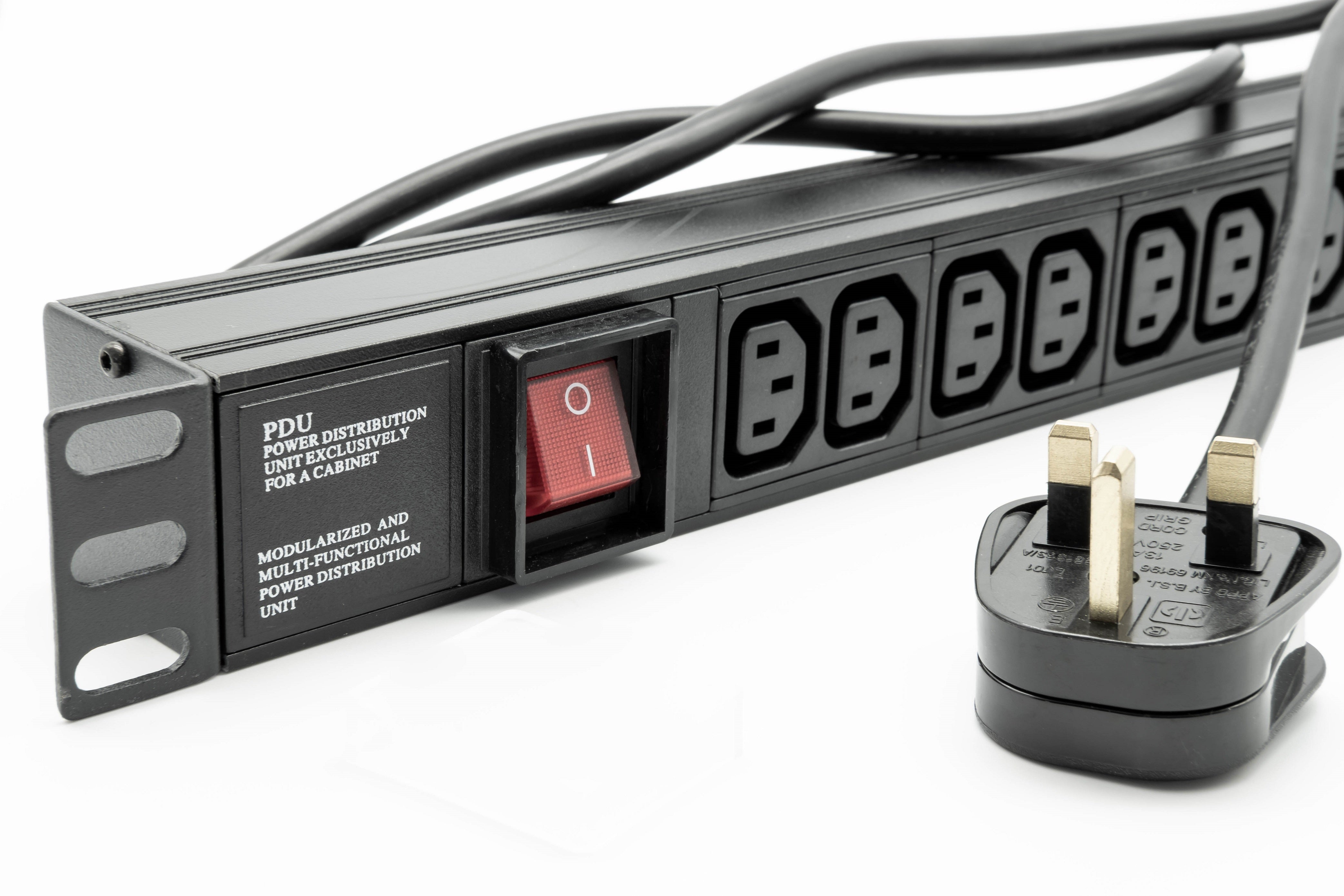 Left part front view of a 1U 19" 12-Way Horizontal Switched 10A IEC13 Sockets to UK Plug Rack PDU showing its left mounting bracket, power switch, and the UK plug in close-up view.