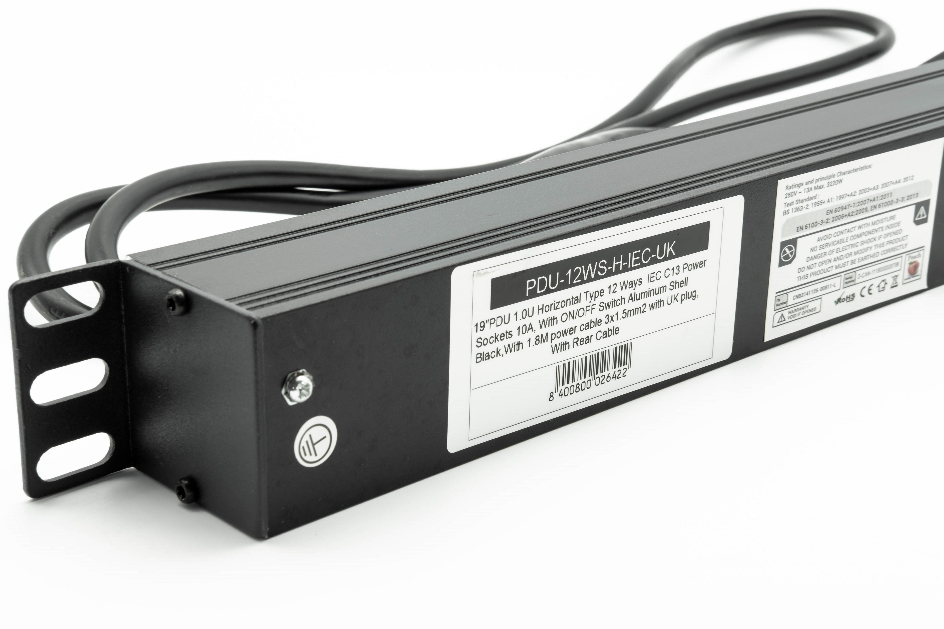Partial right back part view of a 1U 19" 12-Way Horizontal Switched 10A IEC13 Sockets to UK Plug Rack PDU showing its right mounting bracket and earthing stud in close-up view.