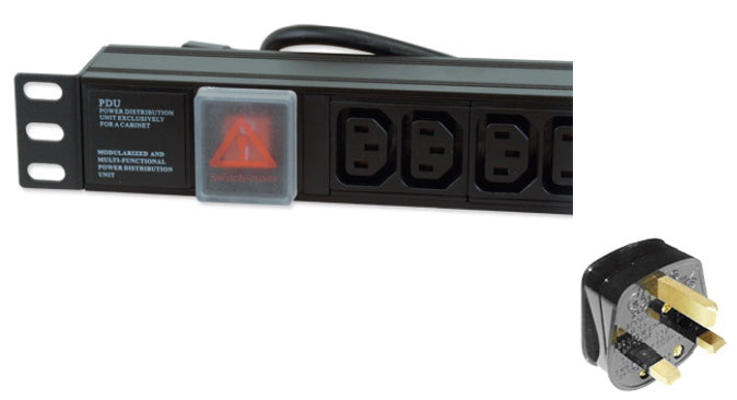 Partial left part front view of a 1U 19" 12 Way Horizontal Switched 10A IEC13 Sockets to UK Plug Rack PDU showing its left mounting bracket , covered power switch, 3 IEC13 sockets, and its UK plug.
