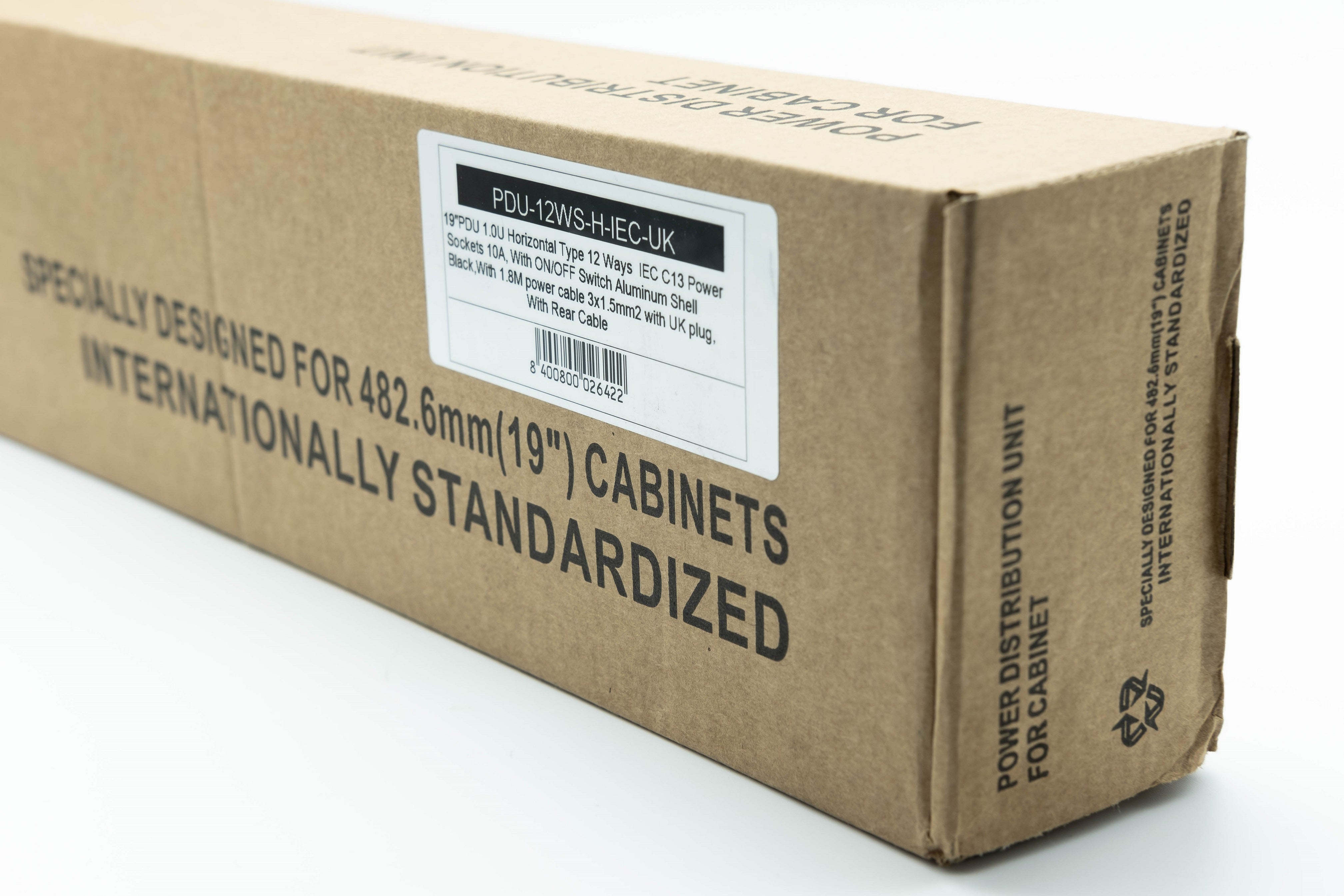 Properly labeled carton box packaging for a 1U 19" 12-Way Horizontal Switched 10A IEC13 Sockets to UK Plug Rack PDU.