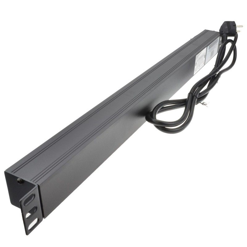 Full length slanting back part view of a 1U 19" 12 Way Vertical Switched 16A Schuko Sockets to Schuko Plug Rack PDU.