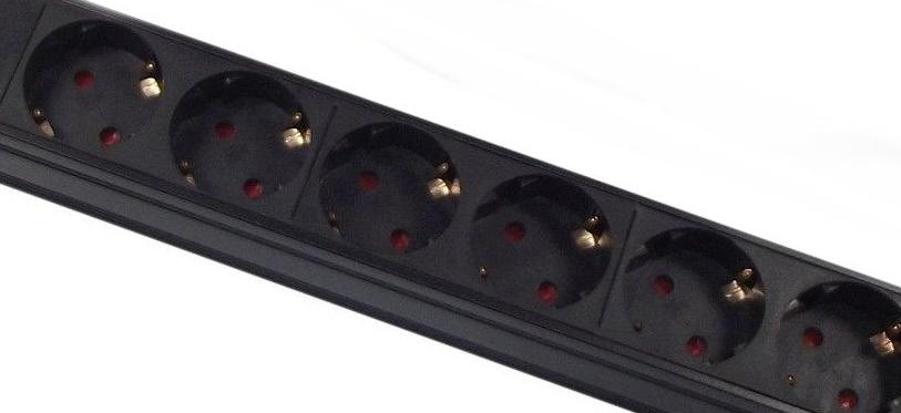 Schuko sockets shown in close-up of the 1U 19" 12 Way Vertical Switched 16A Schuko Sockets to Schuko Plug Rack PDU with Surge Protection.
