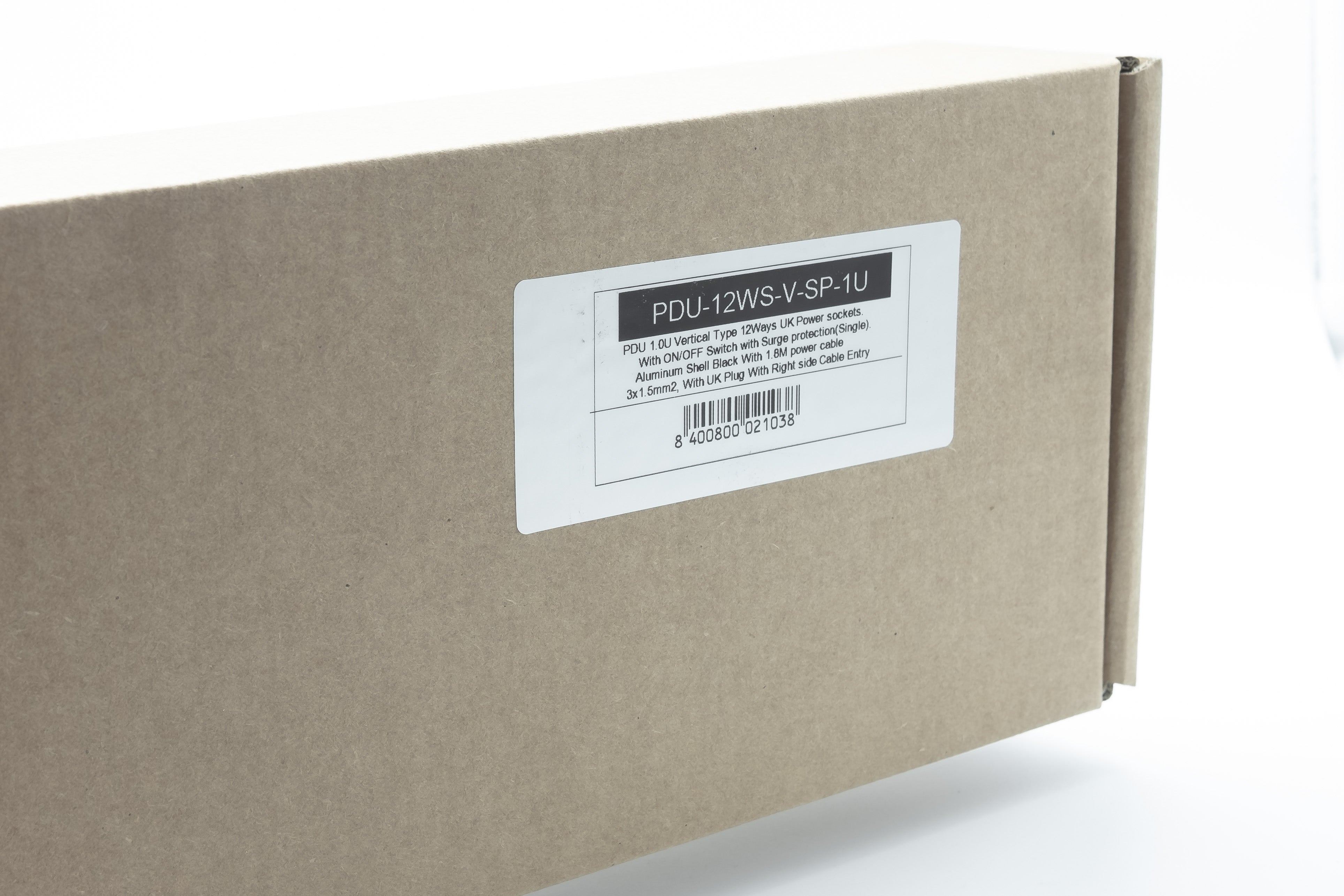 Product code labeled carton box packaging of a 1U 19" 12 Way Vertical Switched 13A UK Sockets to UK Plug Rack PDU with Surge Protection.