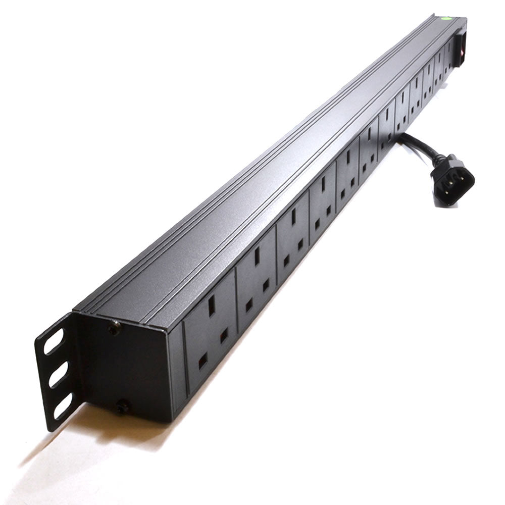 Full length isometric view of a 1U 19" 12-Way Vertical Switched UK 13A Sockets to IEC14 Plug Rack PDU.