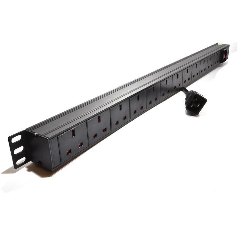 Full length slanting front view of a 1U 19" 12-Way Vertical Switched UK 13A Sockets to IEC20 Plug Rack PDU.