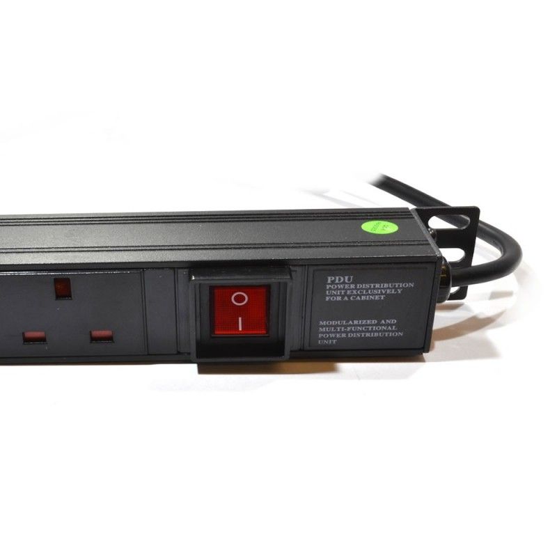 Partial right part showing the red input power switch and right mounting bracket in close-up view of a 1U 19" 12 Way Vertical Switched UK 13A Sockets to IEC20 Plug Rack PDU.