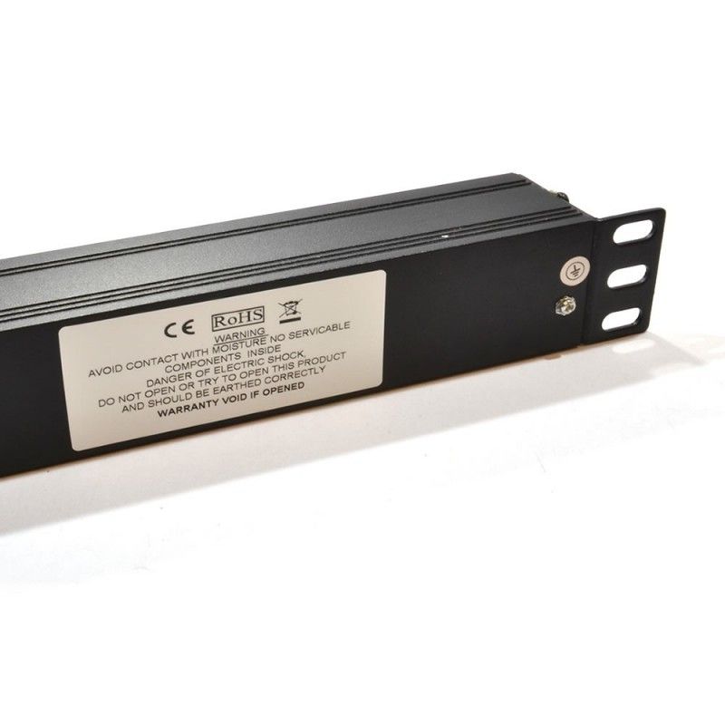 Partial left back part in close-up view of 1U 19" 12-Way Vertical Switched UK 13A Sockets to IEC20 Plug Rack PDU showing its earthing stud and left mounting bracket.