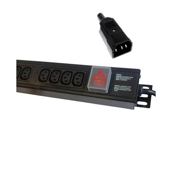 Partial right part showing the power switch with protective cover and the IEC14 plug in close-up view of the 1U 19" 16 Way Vertical Switched 10A IEC13 Sockets to IEC14 Plug Rack PDU.