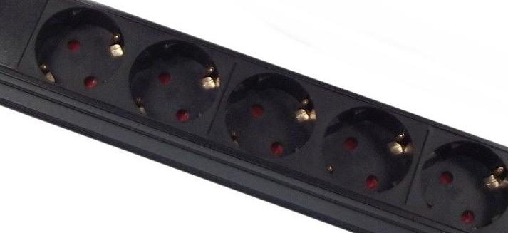Five Schuko sockets shown in close-up view of a 1U 19" 16-Way Vertical Switched 16A Schuko Sockets to Schuko Plug Rack PDU.