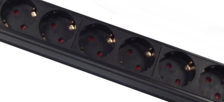 Close-up view of a 1U 19" 16 Way Vertical Switched 16A Schuko Sockets to Schuko Plug Rack PDU with Surge Protection showing a row of some of its Schuko sockets.