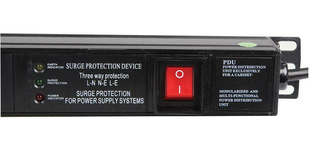 Partial right part front view of a 1U 19" 16-Way Switched Vertical 13A UK Sockets to 13A UK Plug Rack PDU with Surge Protection showing its right mounting bracket, power swtch, and LED indicators in close-up.