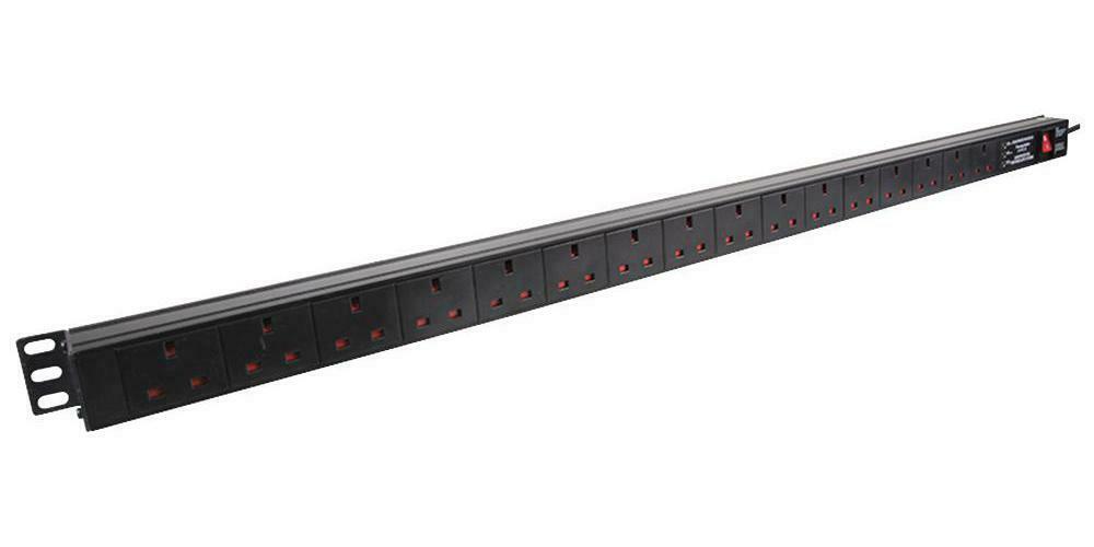 1U 19" 16 Way Switched Vertical 13A UK Sockets to 13A UK Plug PDU with Surge Protection (Rackmount) - Netbit UK
