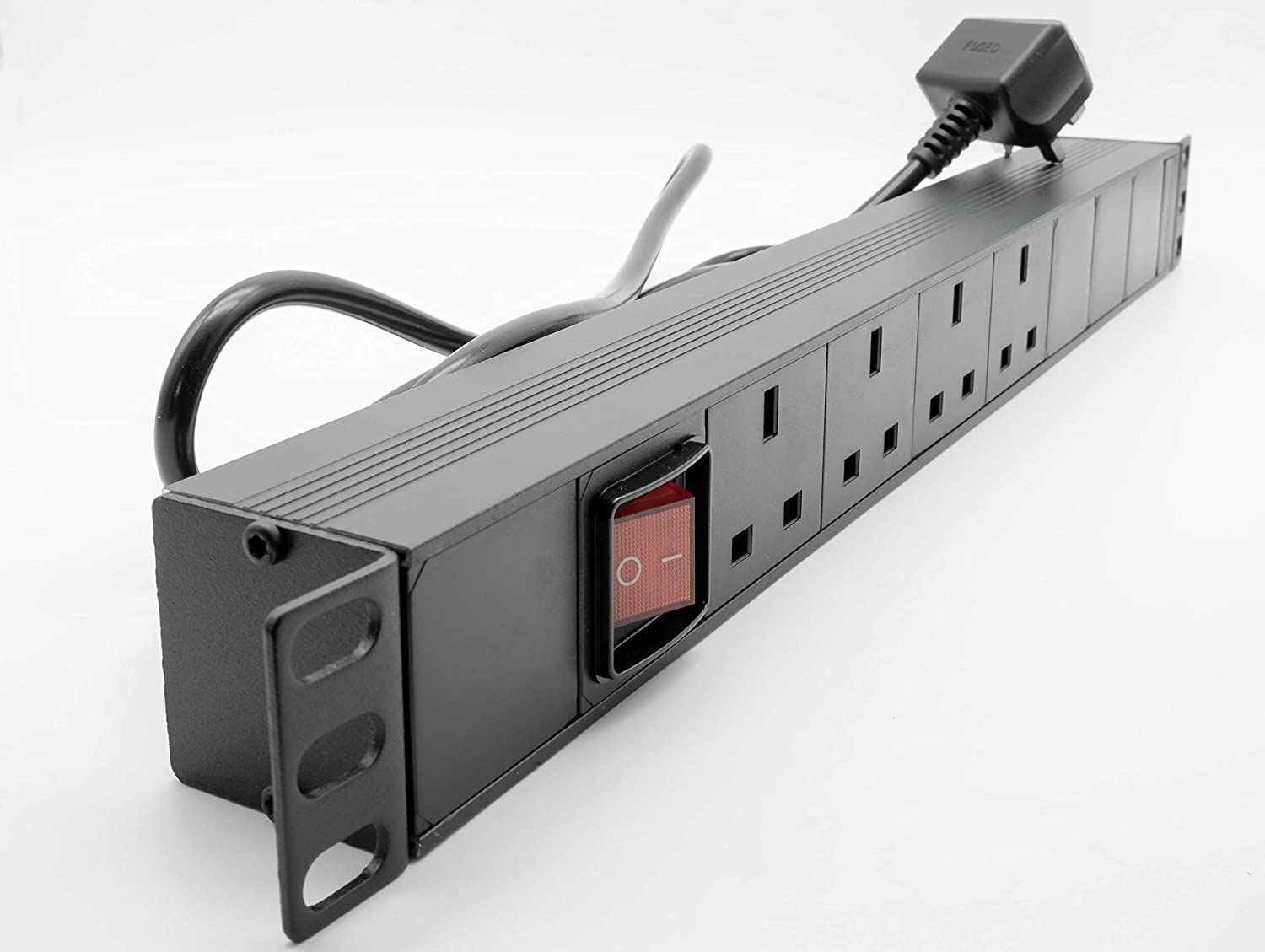 A 1U 4-Way UK Sockets horizontal-mount Rack PDU shown with close view of left mounting bracket and neon red power switch.