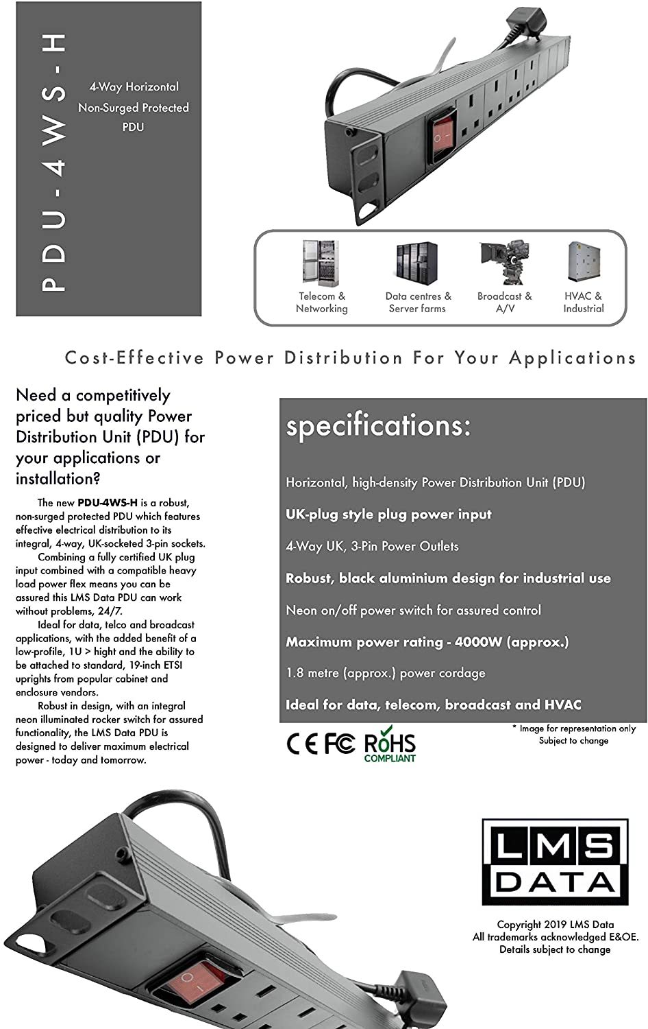 Specification sheet of a 1U 4-Way UK Sockets horizontal-mount Rack PDU