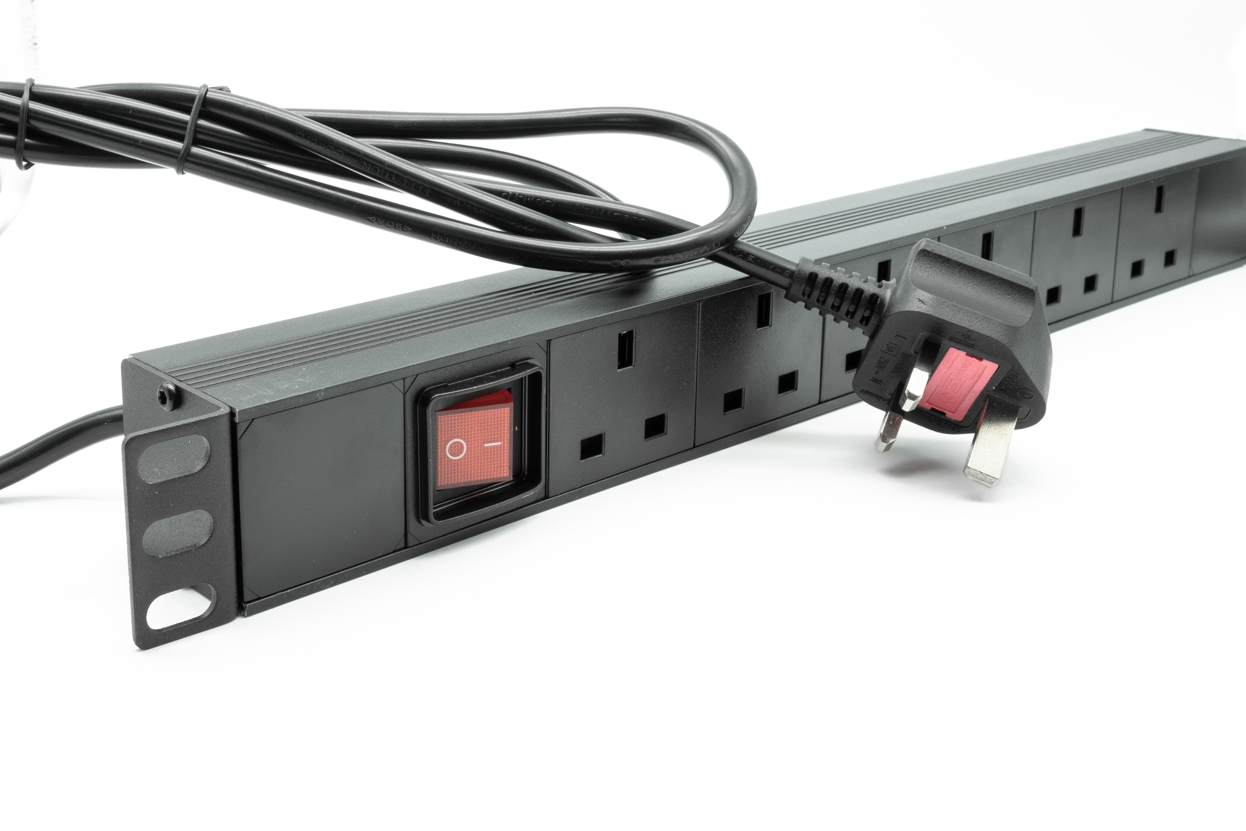 A 1U 19-inch 6-way UK socket outputs Rack PDU with Neon red on/off power switch shown with bundled UK plug input main power cord.