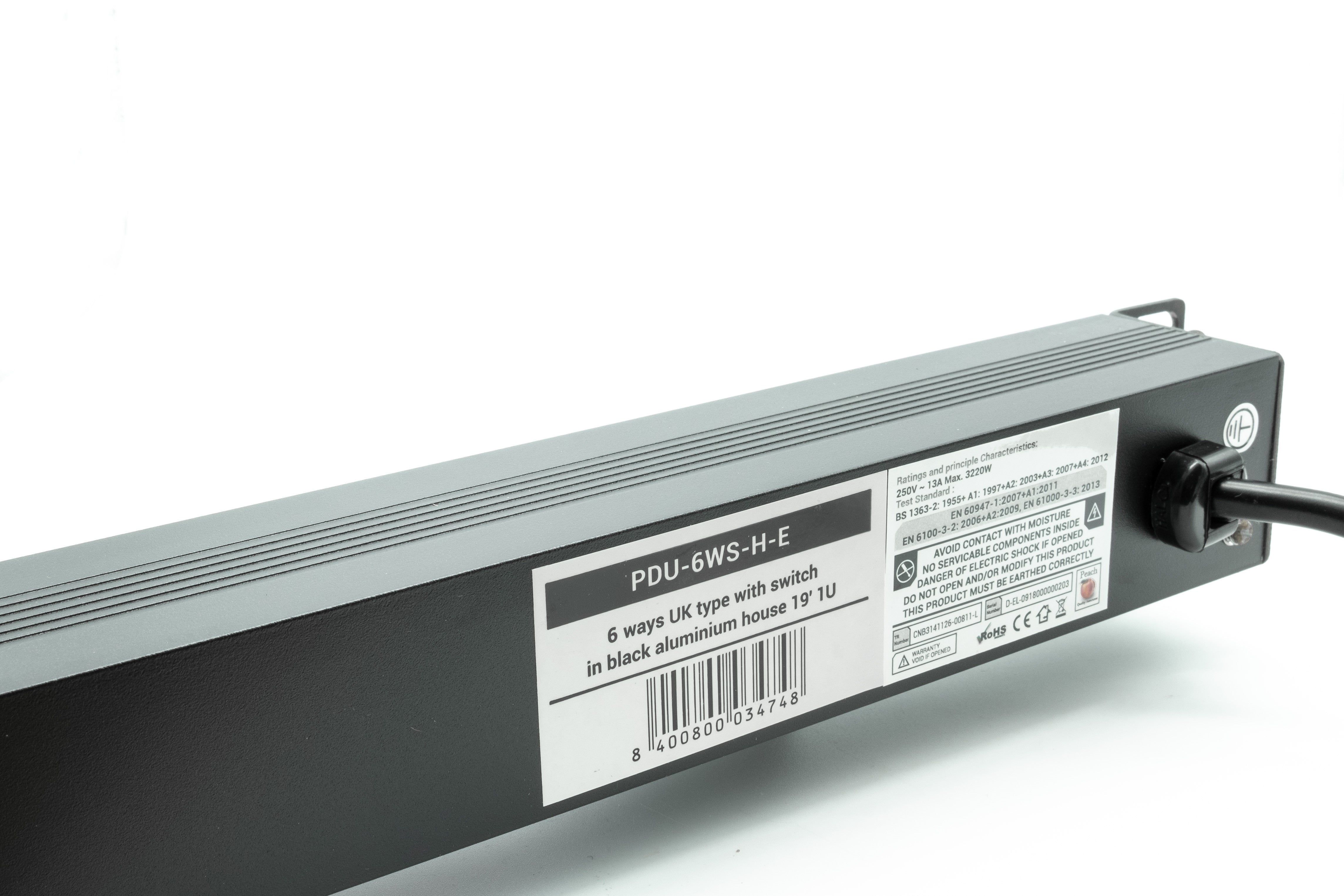 Back part of a 1U 19" 6-Way Switched Horizontal Rack PDU showing its main power cord port entrance.