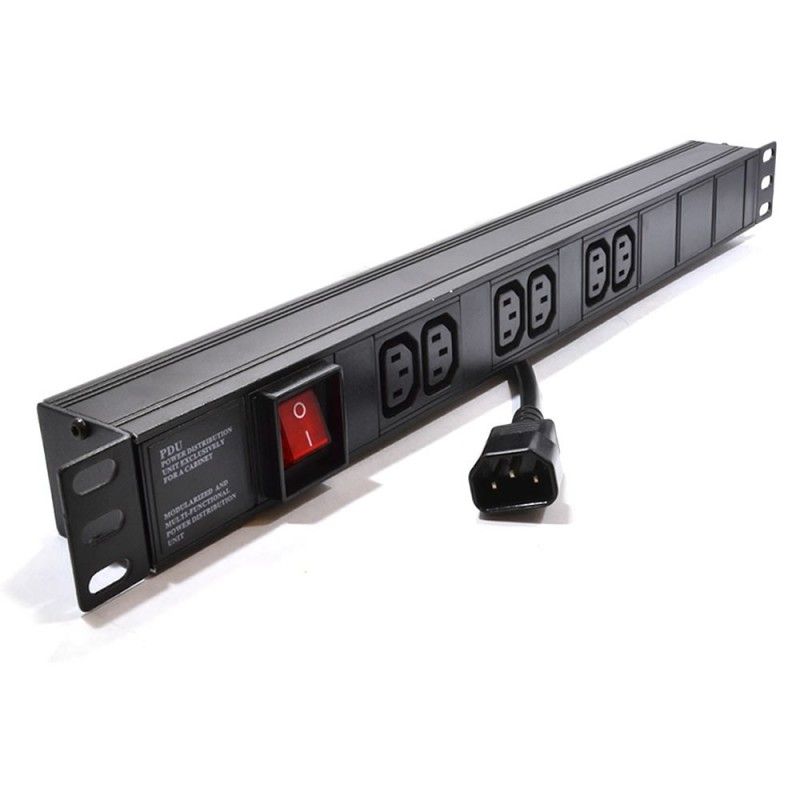 A 1U 6-Way IEC13 Sockets horizontal-mount Rack PDU shown with close view of left mounting bracket and neon red power switch and 10A IEC14 input plug.