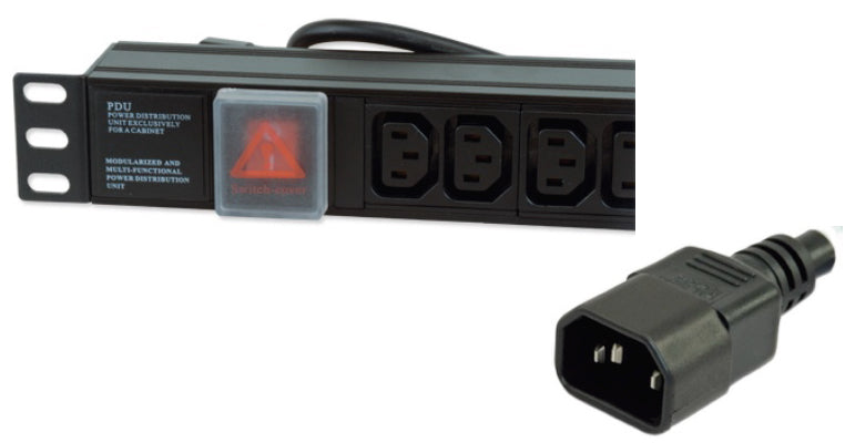 Partial view of a 1U 19" 6-Way IEC13 sockets Horizontal-mount Rack PDU showing its covered red power switch and its 10A IEC14 input plug.