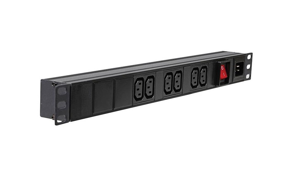 Full length slanting view of a 1U 19" 6-Way Horizontal Switched 10A IEC13 Sockets & C20 Inlet rack PDU.