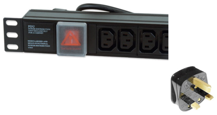 Partial view of a 1U 19" 6-Way IEC13 sockets Horizontal-mount Rack PDU showing its covered red power switch and its 10A UK input plug.