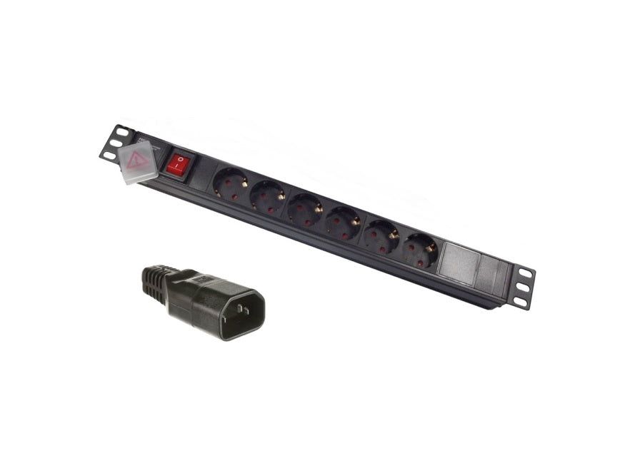 Full length slanting front view of a 1U 19" 6 Way Horizontal Switched 16A Schuko Sockets to IEC14 Plug Rack PDU with the IEC plug in close-up.