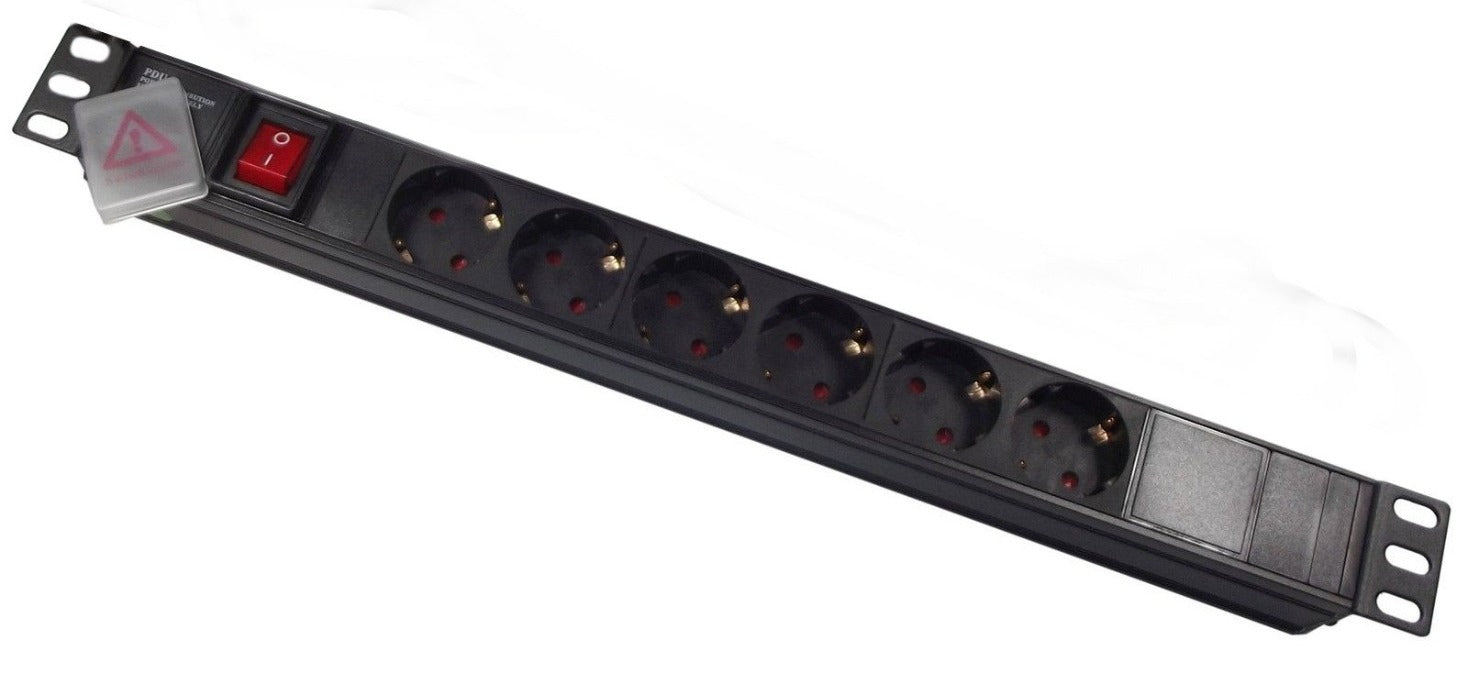 Full length slanting front view of a 1U 19" 6 Way Horizontal mount 16A Schuko Sockets to IEC14 Plug Rack PDU shown with power switch protective cover removed.