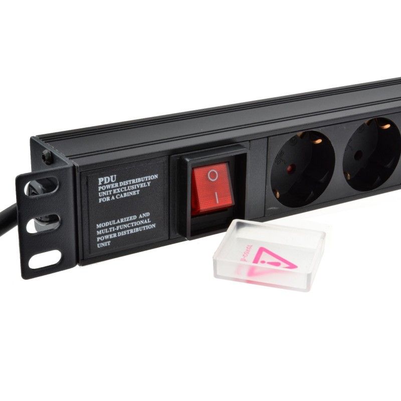 A partial view of a 1U 6-Way Schuko Sockets horizontal-mount Rack PDU shown with close view of left mounting bracket and neon red power switch with protective cover on the side.