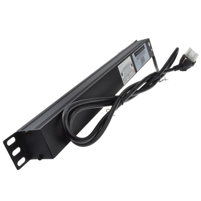 Rear view of a 1U 6-Way Schuko Sockets horizontal-mount Rack PDU shown with close view of right mounting bracket Schuko input plug.