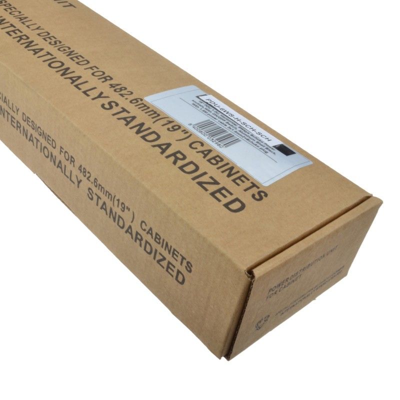 Box packaging of a 1U 6-Way Schuko Sockets Horizontal mount Rack PDU with 16A Schuko input plug