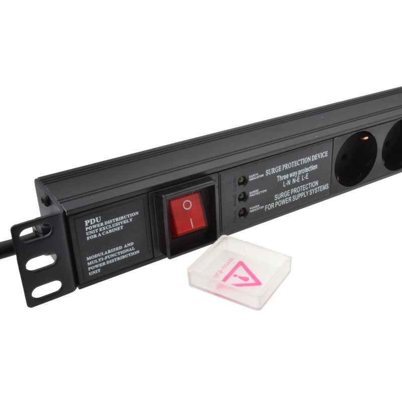 Partial left part front view of a 1U 19" 6-Way Switched Horizontal 16A Schuko Sockets to Schuko Plug Rack PDU with Surge Protection showing its left mounting bracket, neon red power switch with protective cover on the side, and LED indicators in close-up.