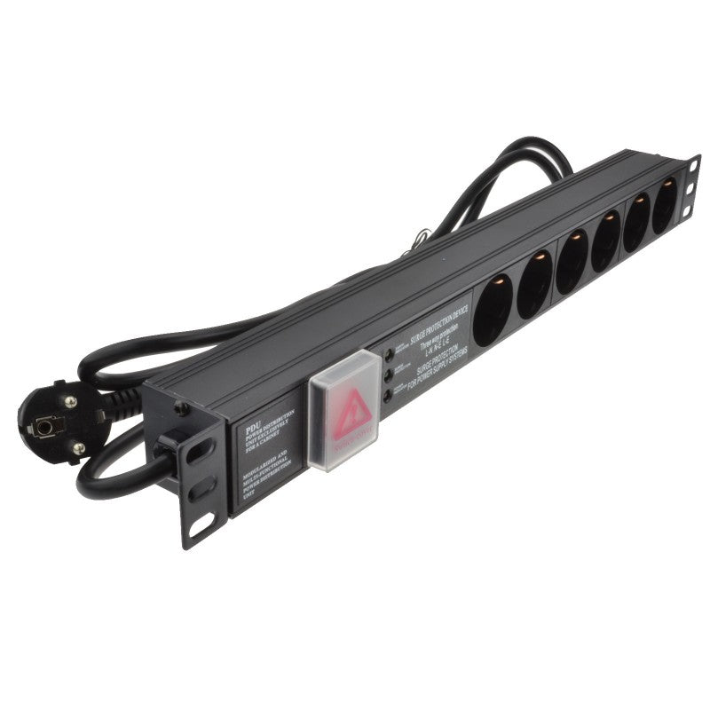Full length slanting view of a 1U 19" 6-Way Switched Horizontal 16A Schuko Sockets to Schuko Plug Rack PDU with Surge Protection.
