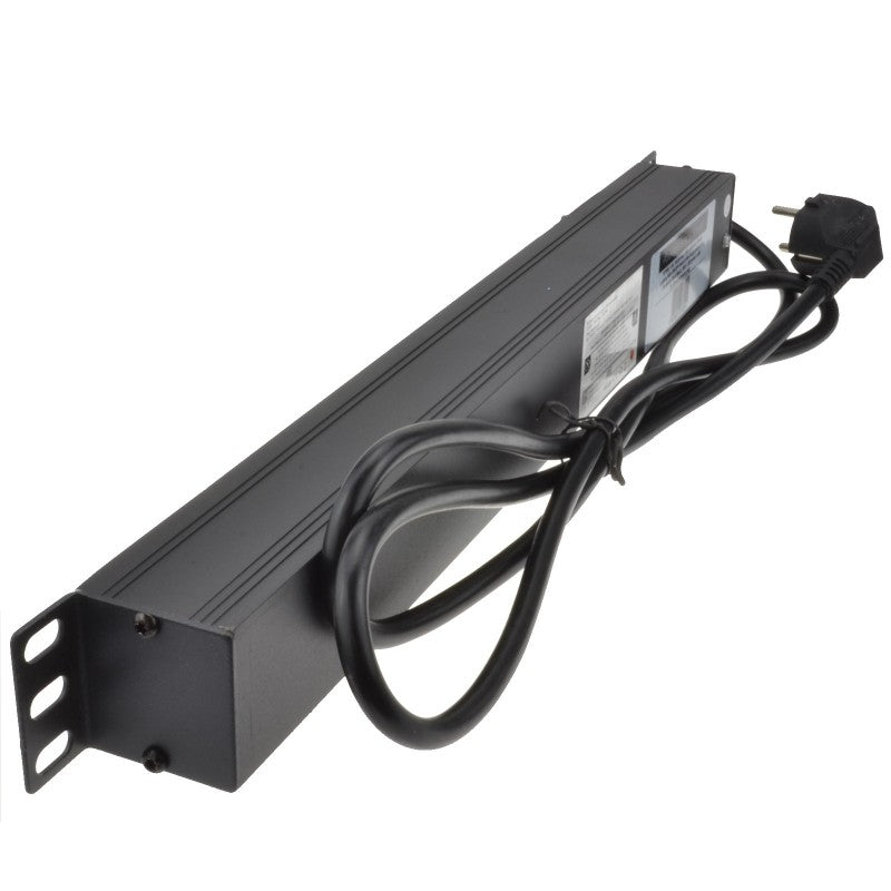 Full length slanting back view of a 1U 19" 6-Way Switched Horizontal 16A Schuko Sockets to Schuko Plug Rack PDU with Surge Protection.