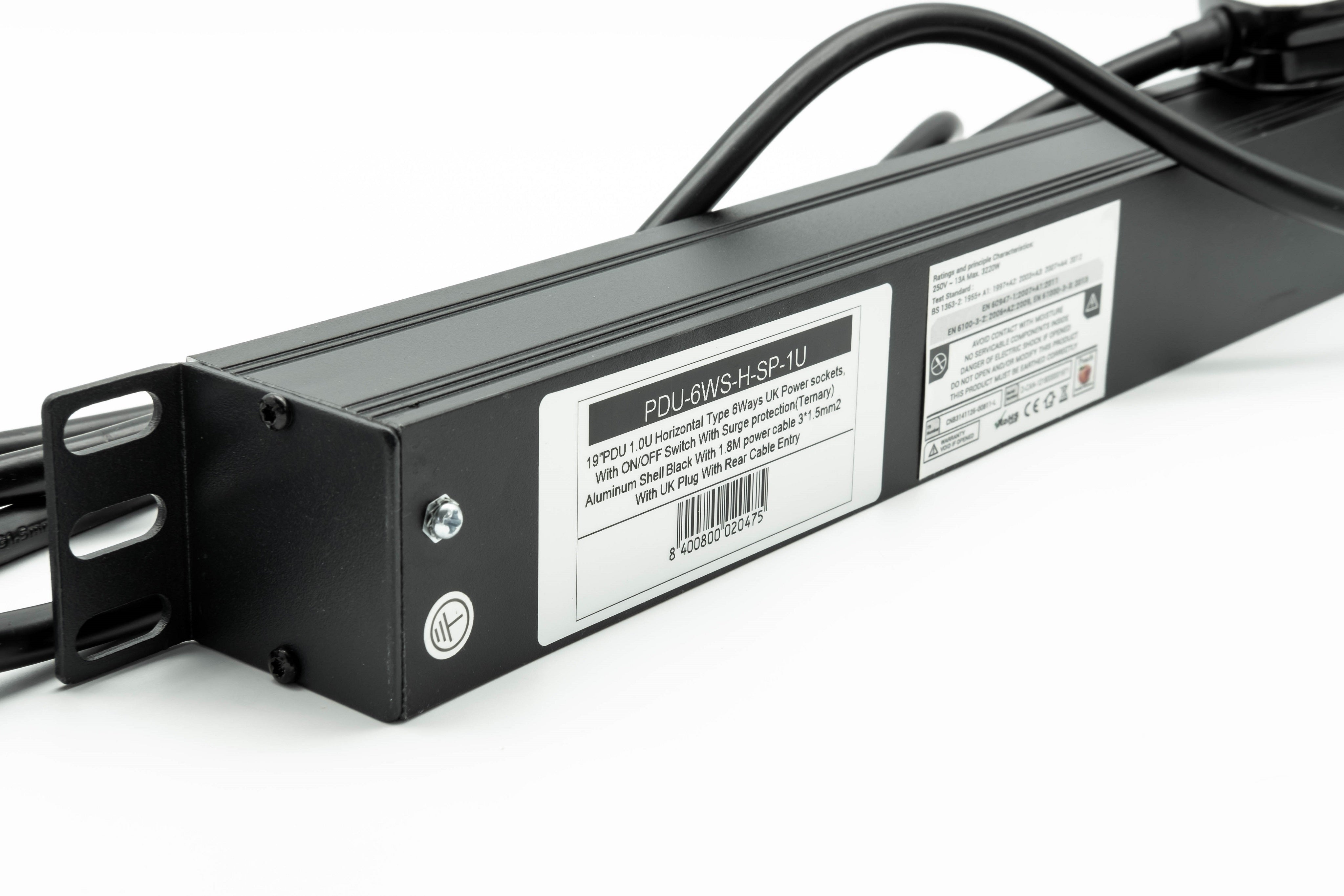 Partial right back part of a 1U 19" 6-Way Horizontal Switched 13A UK Sockets to UK input Plug rack PDU with Surge Protection showing its right mounting bracket and earthing stud.