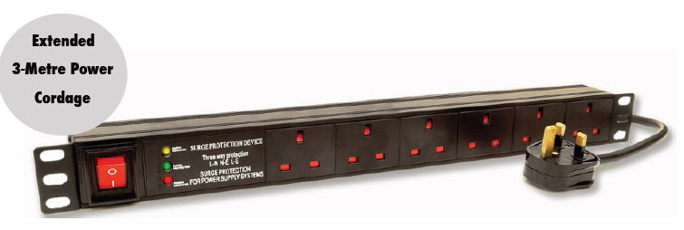 Full length front view of a 1U 19" 6-Way Horizontal Switched 13A UK Sockets to UK input Plug rack PDU with Surge Protection & 3m power cord Flex.