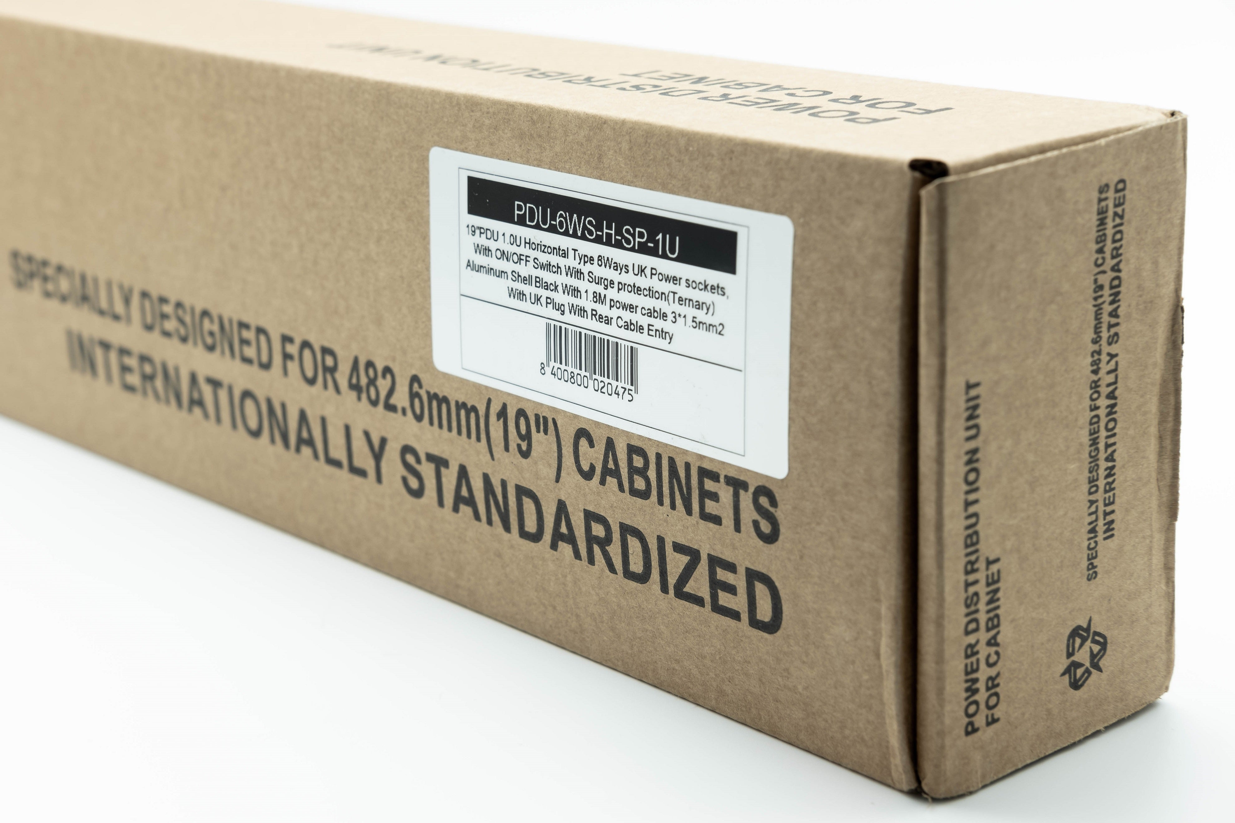 Properly-labeled Carton box packaging for a 1U 19" 6 Way Horizontal Switched 13A UK Sockets to UK input Plug rack PDU with Surge Protection & 3m Flex.