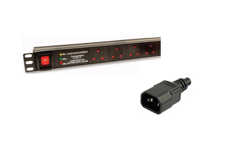 Partial view of a 1U 19" 6 Way Horizontal Switched UK 13A Sockets Rack PDU with Surge Protection and its IEC14 input plug.