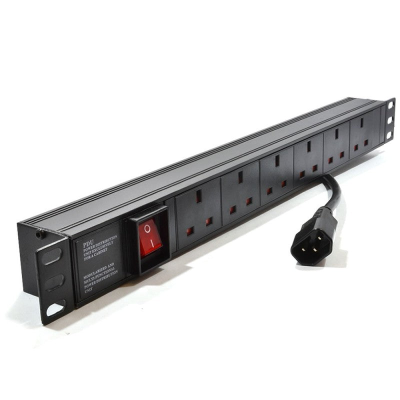 A 1U 6-Way UK Sockets horizontal-mount Rack PDU shown with close view of left mounting bracket and neon red power switch and IEC14 input plug with 3 meters flex cord.