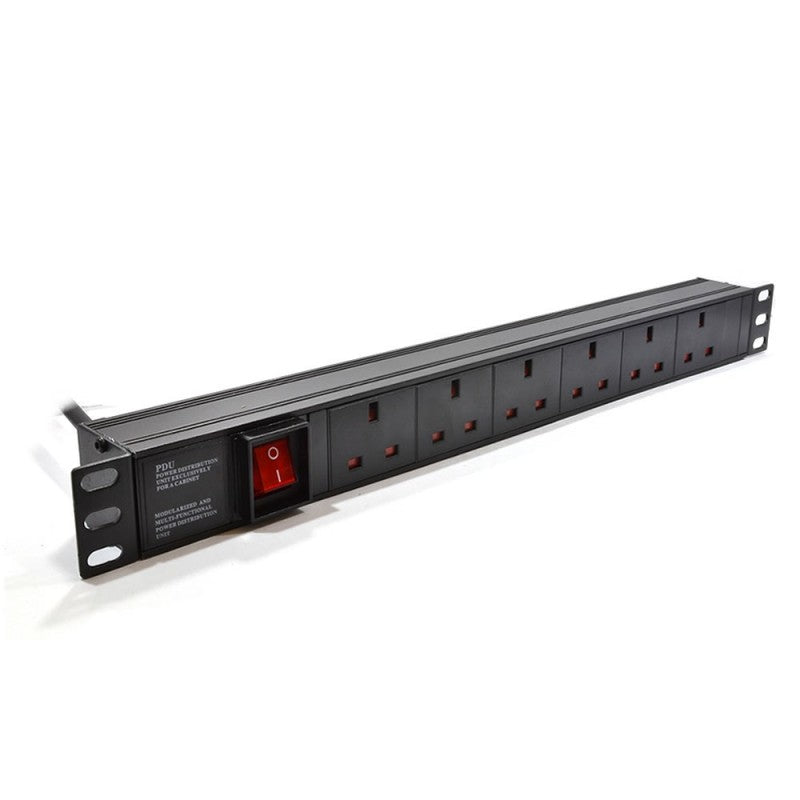 A 1U 6-Way UK Sockets 19-inch horizontal-mount Rack PDU shown with close view of left mounting bracket and neon red power switch and with 3 meters flex cord.