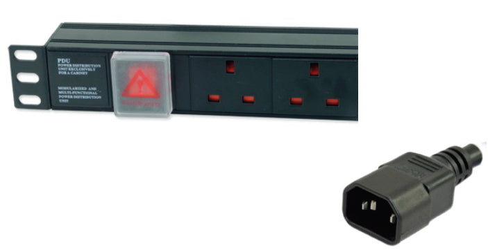 Partial view of a 1U 19" 6 Way Horizontal-mount Rack PDU showing its covered red power switch and its IEC14 input plug with 3 meters flex cord.
