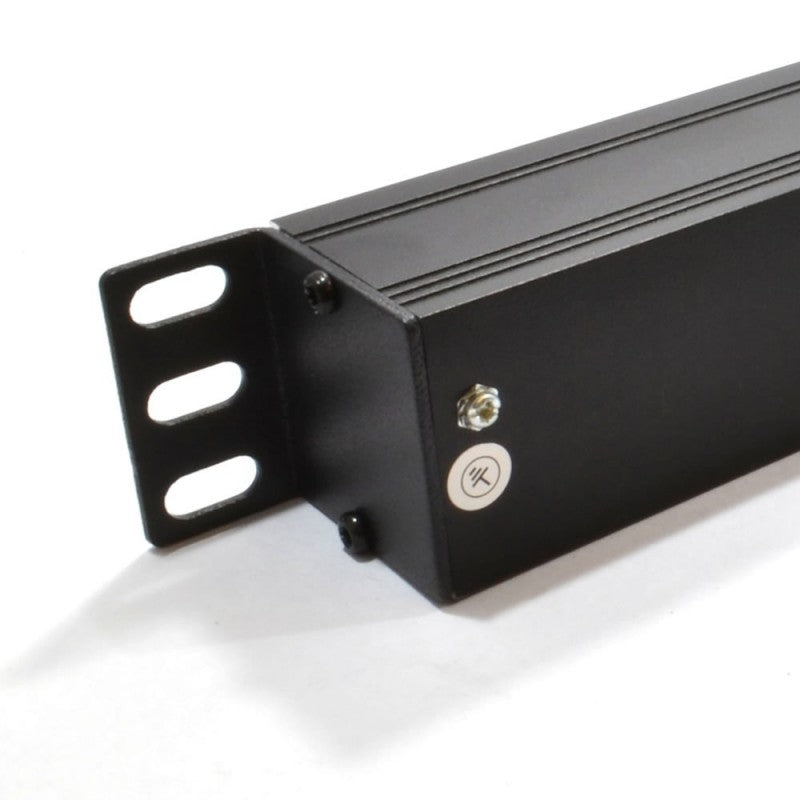 Rear right end part of a 1U 19" 6 Way UK sockets Horizontal Rack PDU with 3 meters input flex cord showing its right mounting bracket and grounding terminal.